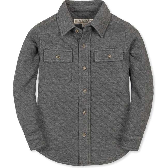 Long Sleeve Quilted Button Down Shirt Jacket, Quilted Dark Gray Heather