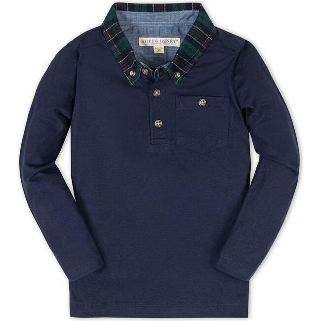 Organic Long Sleeve Polo Shirt with Woven Collar, Navy with Scottish Collar