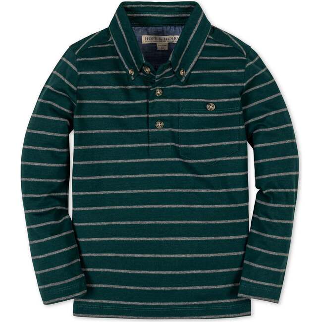 Organic Long Sleeve Jersey Knit Polo Shirt , Green London Stripe