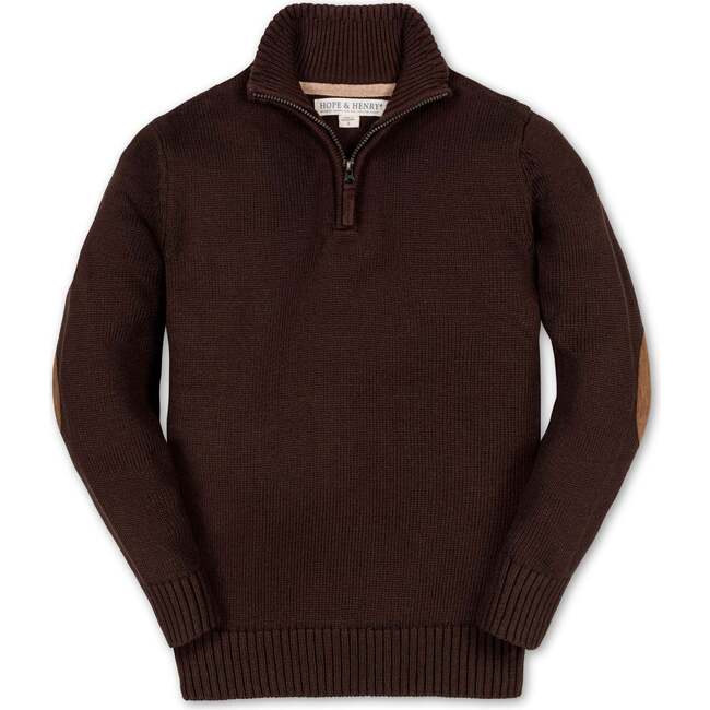 Organic Half Zip Pullover Sweater with Elbow Patches, Chocolate