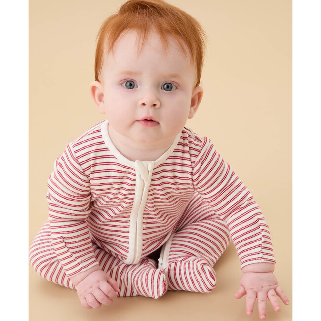 Stripe Two Way Zip-Up Sleepsuit Red Stripe - Footie Pajamas - 2