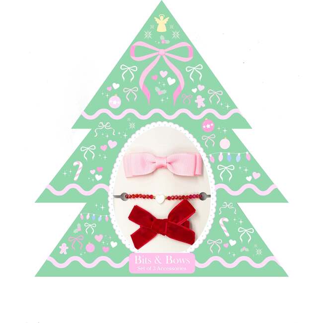 Christmas Tree Bows & Bracelet Gift Set, Green