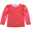 Long Sleeve Puff Sleeve Tee, Red & White Heart Stripe - Blouses - 1 - thumbnail