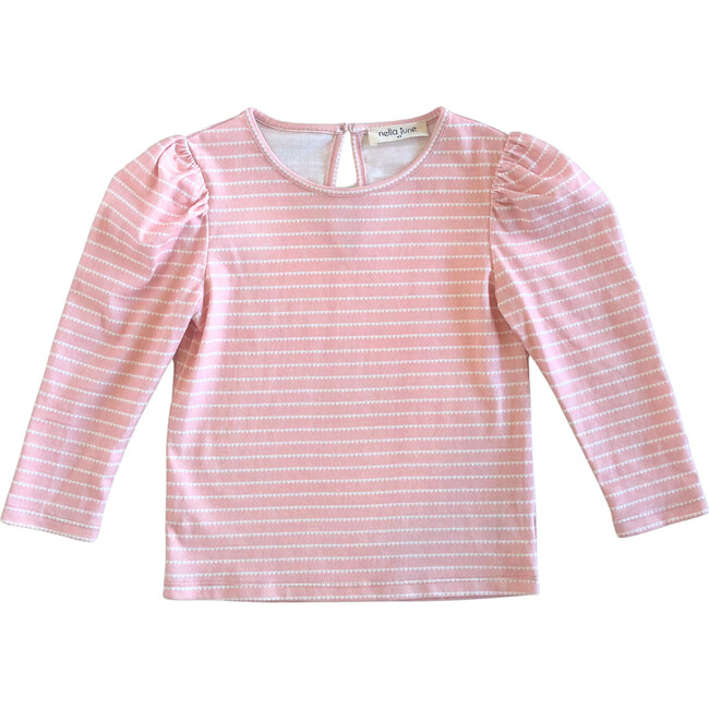 Long Sleeve Puff Sleeve Tee, Pink & White Heart Stripe