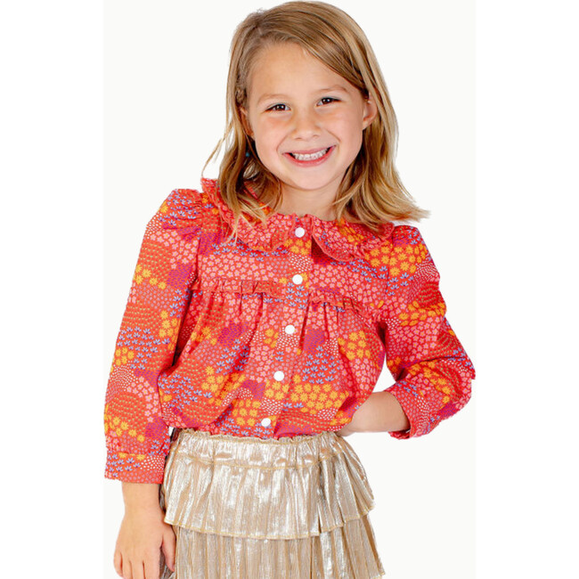 Ruffle Trim Blouse, Red Floral