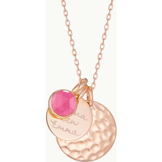 Personalized Hammered Double Disc & Birthstone Necklace, 18K Rose Gold Plated