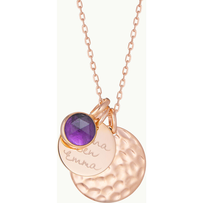 Personalized Hammered Double Disc & Birthstone Necklace, 18K Rose Gold Plated - Necklaces - 3