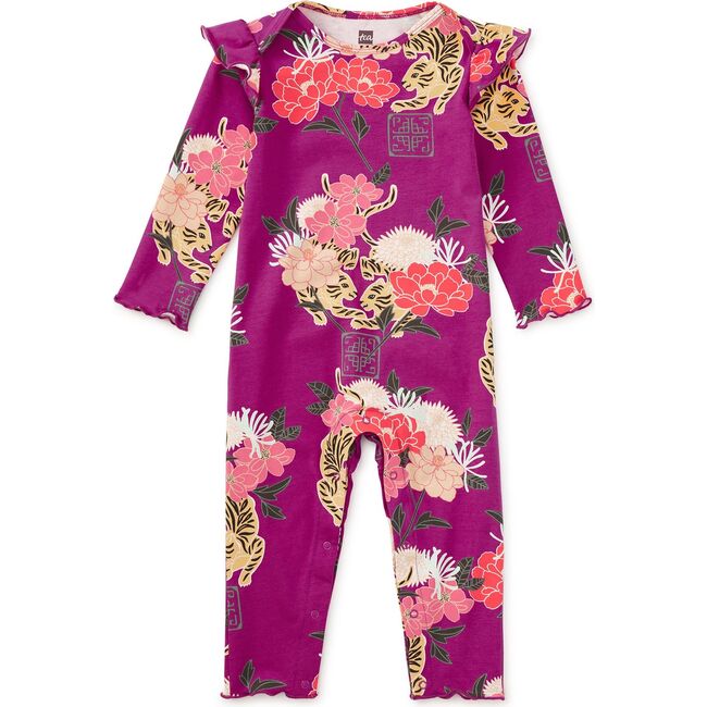 Ruffle Shoulder Baby Romper, Tiger & Peony
