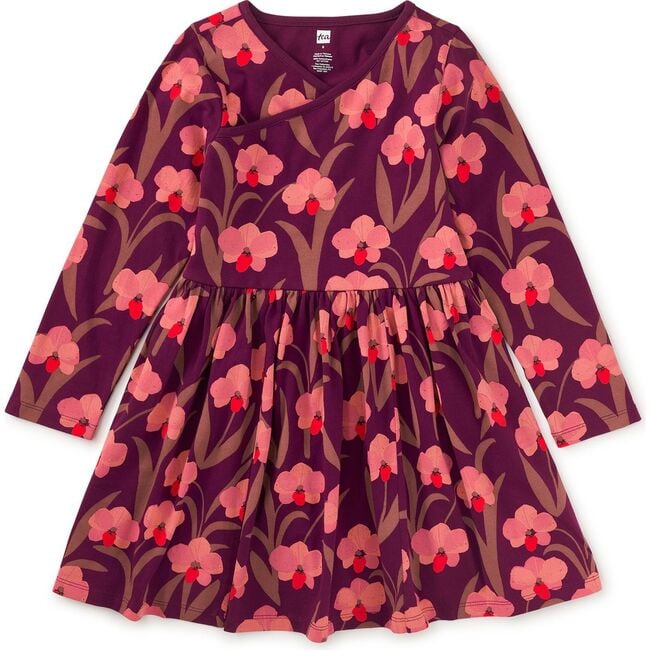 Long Sleeve Wrap Neck Dress, Jeju Island Orchid