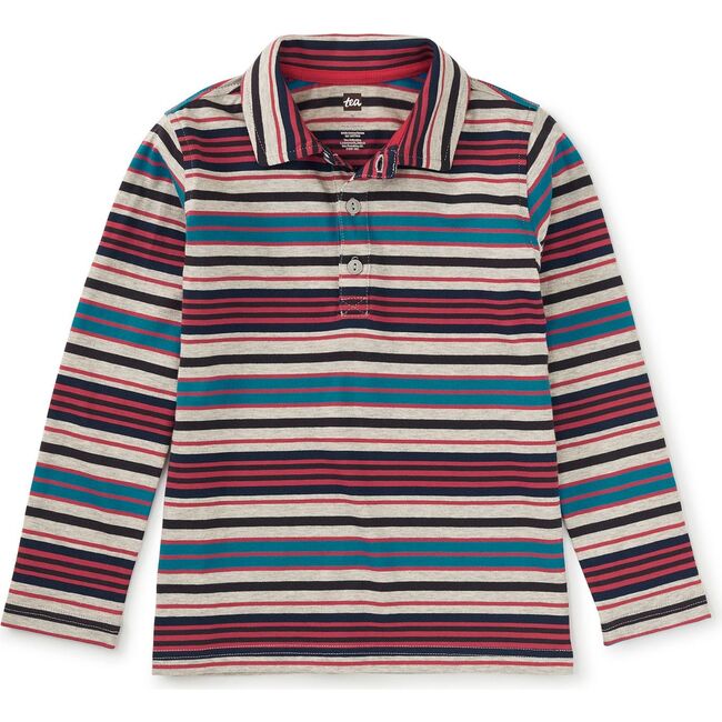 Long Sleeve Striped Polo, Med Heather Grey