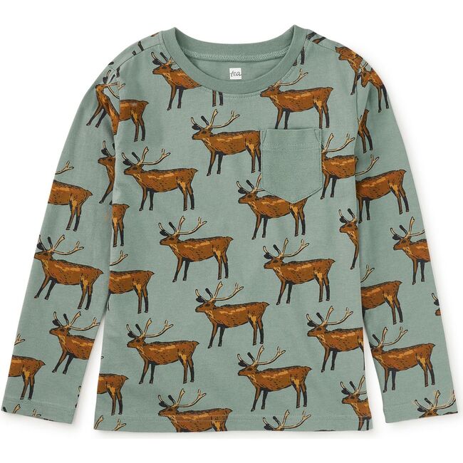 Long Sleeve Printed Pocket Tee, Painted Deer