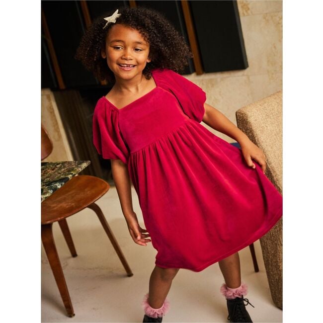 Puff Shoulder Velour Dress, RED WAGON