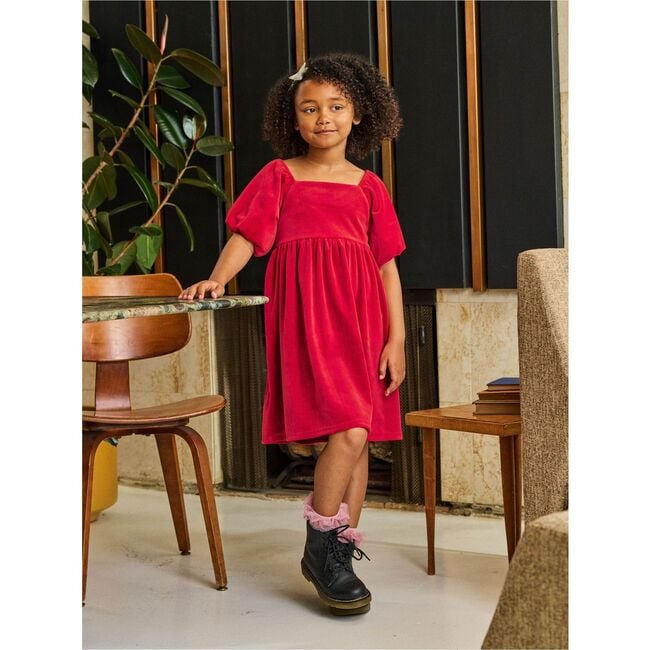 Puff Shoulder Velour Dress, RED WAGON - Dresses - 4