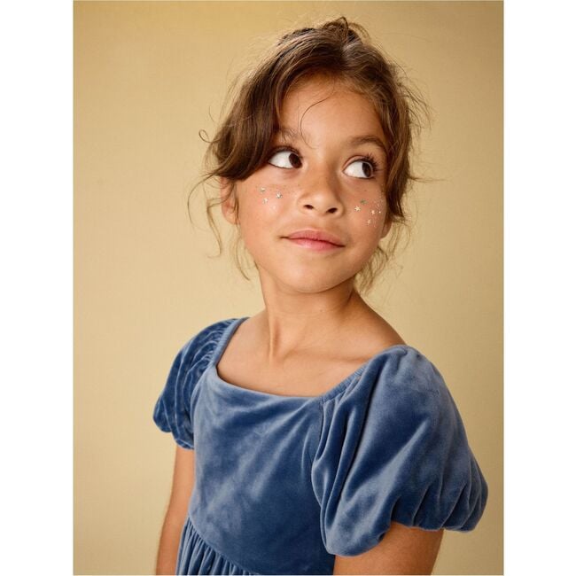 Puff Shoulder Velour Dress, NAVAL BLUE