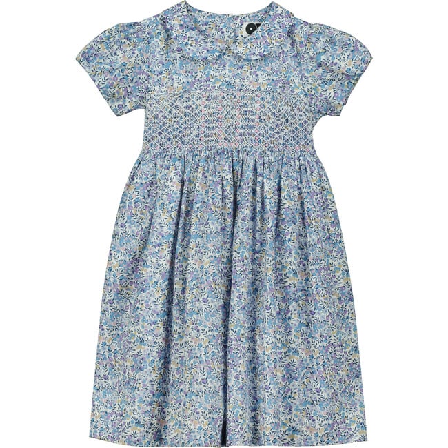 Lilac Hand-Smocked Liberty Floral Print Girls Dress, Blue - Dresses - 1