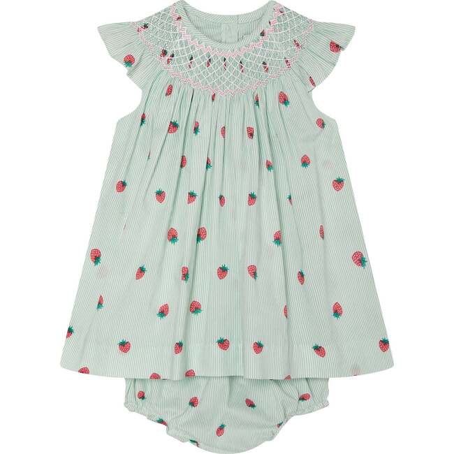 Strawberry Print Baby Dress Fiesta, Green & White - Dresses - 1