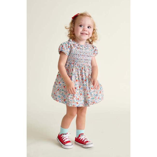 Hand-Smocked Baby Dress Freesia, White, Red & Blue