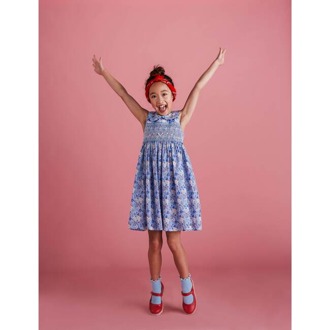 Maui Smocked Girls Dress, Blue Print - Dresses - 2