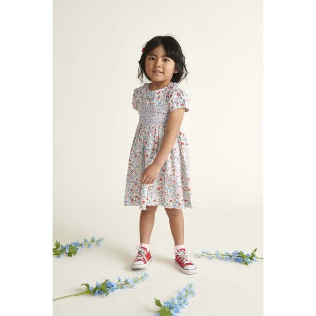 Hand-Smocked Girl Dress Birdie, White, Red & Blue