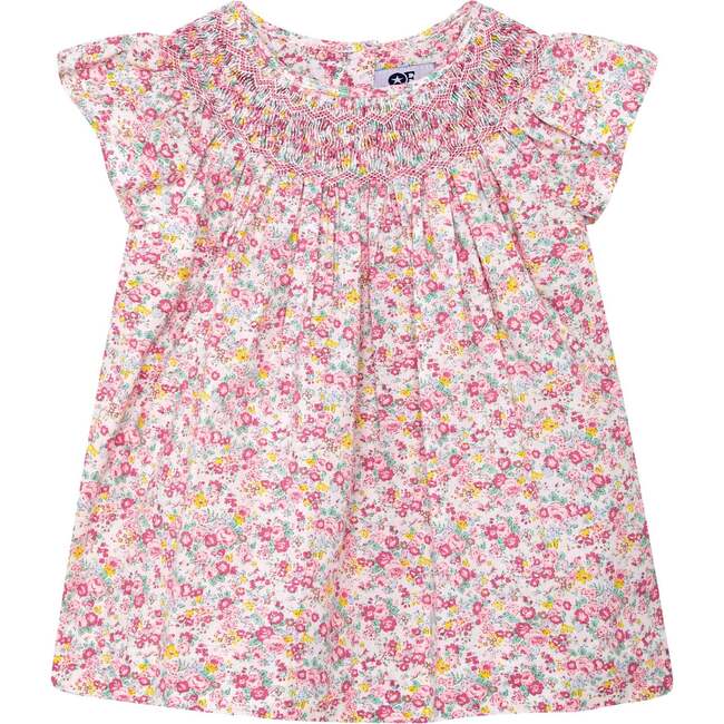 Girls Smocked Blouse Marcella, white and pink floral - Blouses - 1