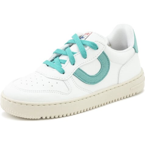 Leather Fashion Sneaker, White/Aqua - Sneakers - 1