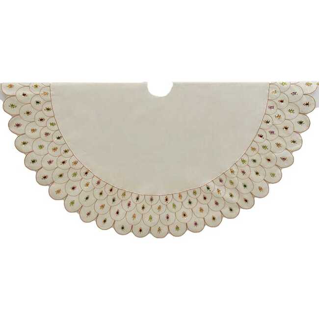 60-Inch Multi-Colored Beads Scalloped Ivory Embroidered Tree Skirt - Tree Skirts - 1