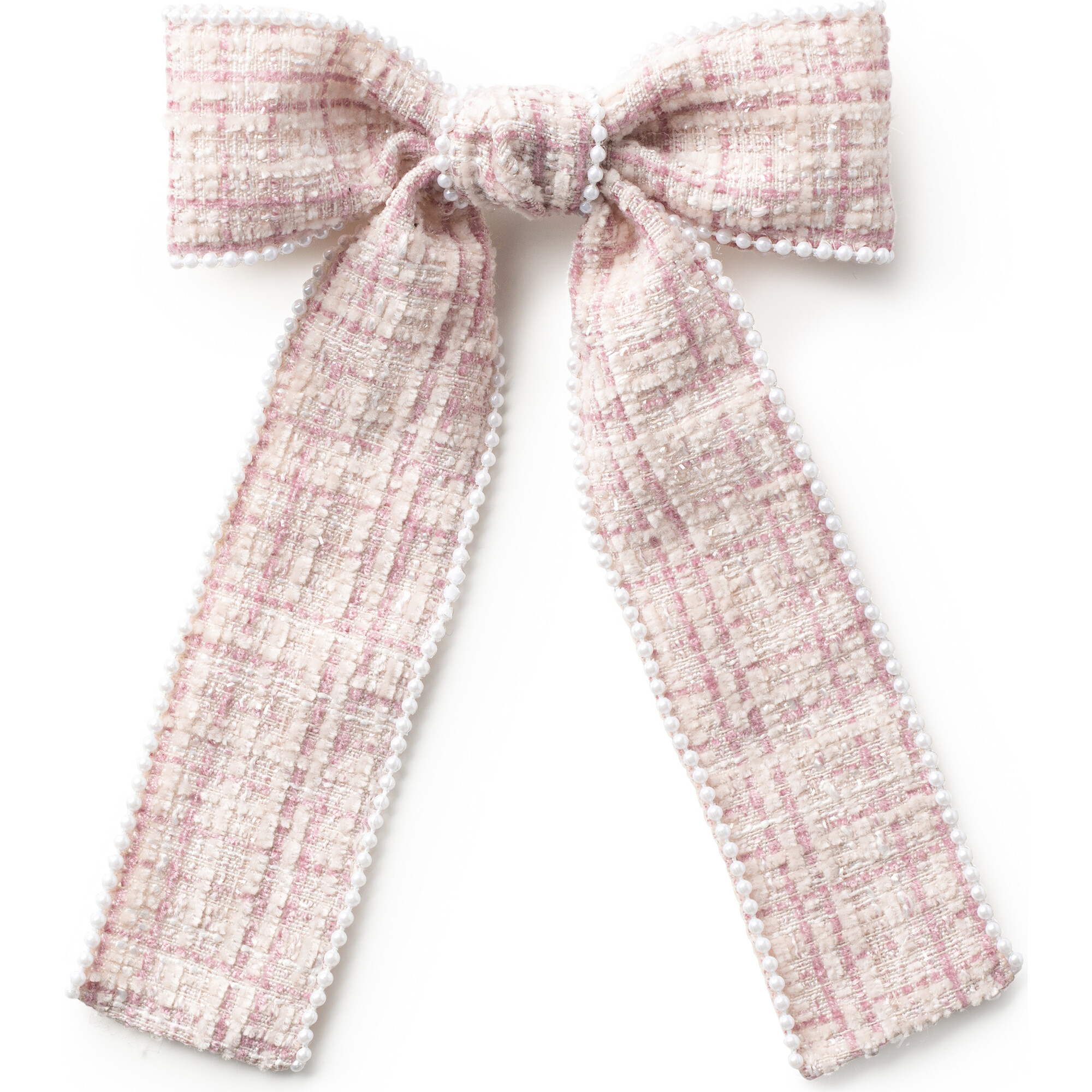 Estella Tweed Pearl Trimmed Long Tail Clip, Rose - Bows - 1