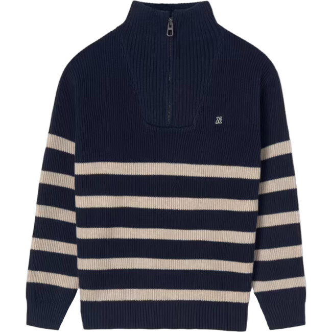 Striped Zip-Neck Sweater For Boys, Navy
