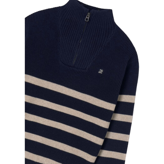 Striped Zip-Neck Sweater For Boys, Navy - Sweaters - 2