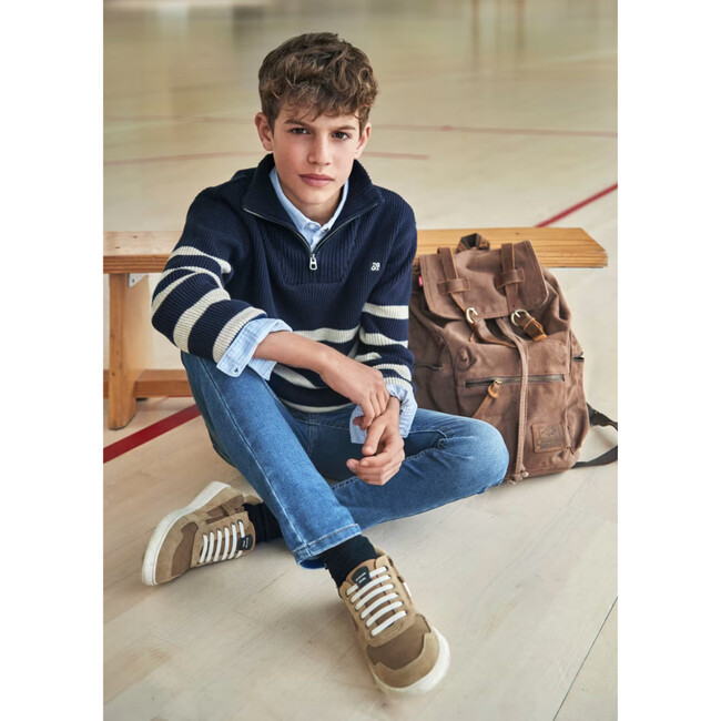 Striped Zip-Neck Sweater For Boys, Navy - Sweaters - 4