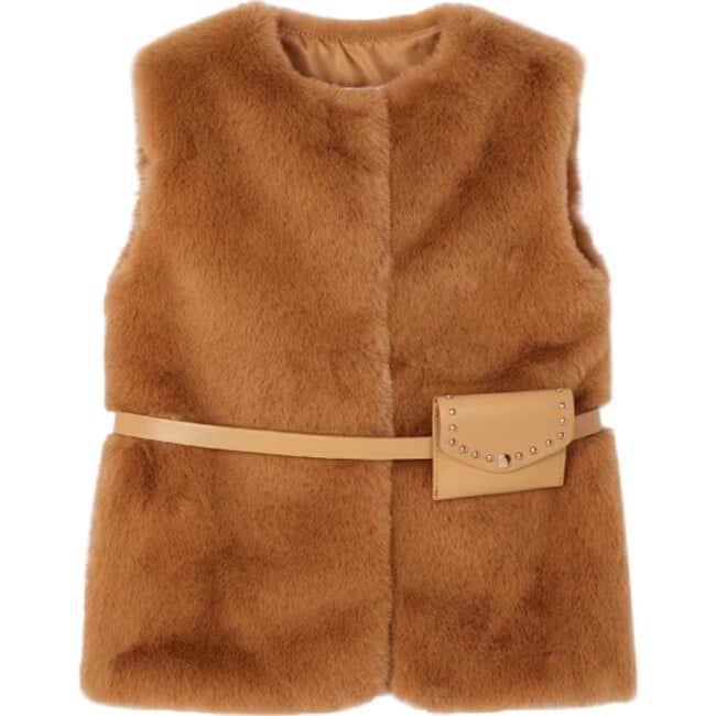 Girl Faux Fur Vest with Belt, Brown - Vests - 1