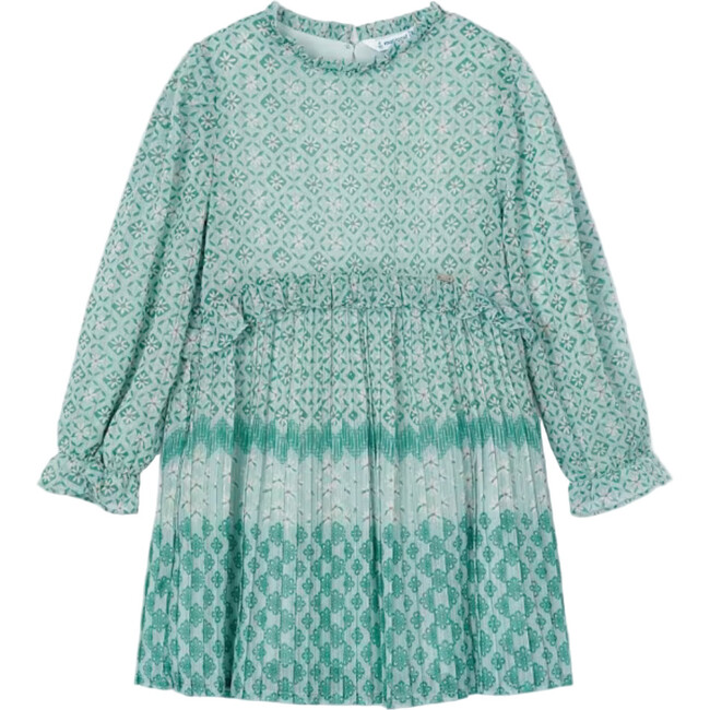 Girl Chiffon Print Pleated Dress, Green