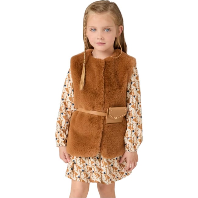 Girl Faux Fur Vest with Belt, Brown - Vests - 2