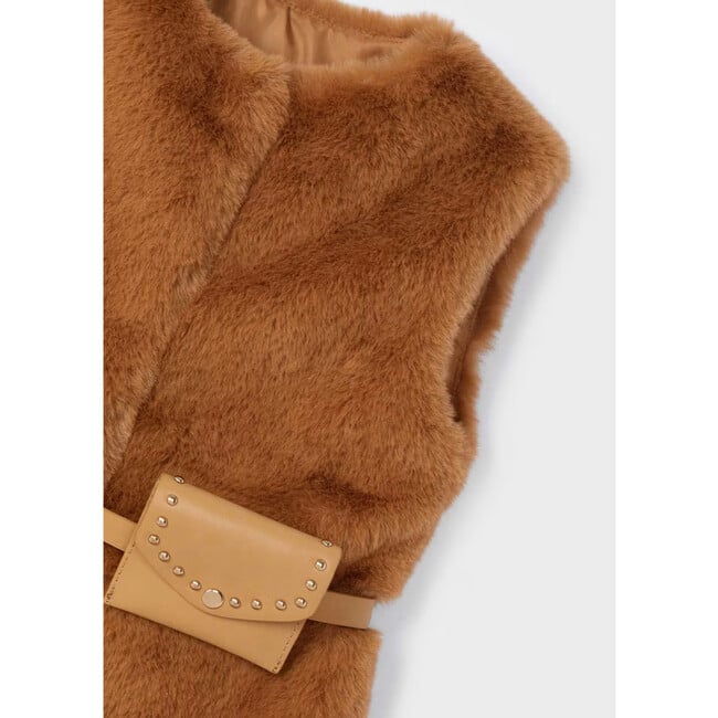Girl Faux Fur Vest with Belt, Brown - Vests - 3