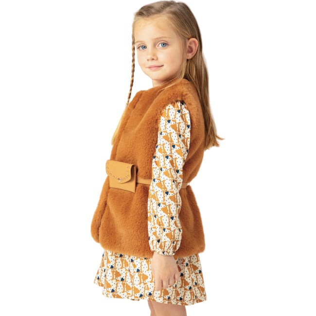 Girl Faux Fur Vest with Belt, Brown - Vests - 4