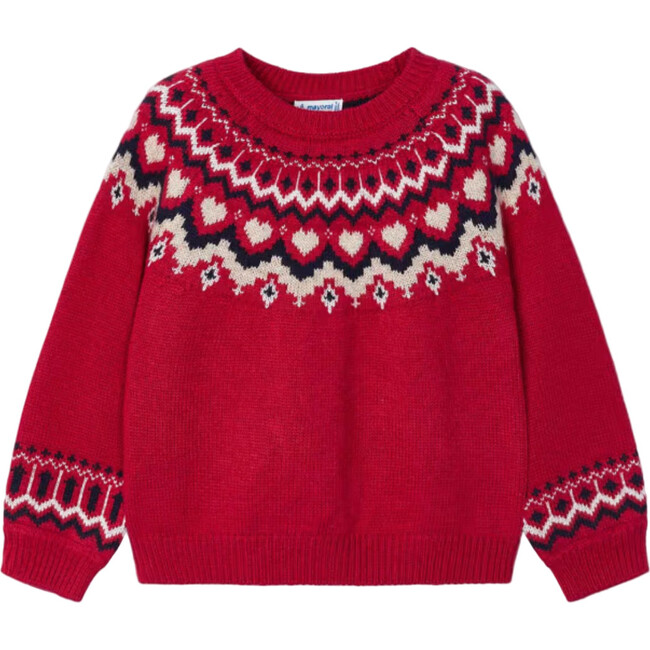 Girl Jacquard Border Sweater, Red