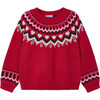 Girl Jacquard Border Sweater, Red - Sweaters - 1 - thumbnail