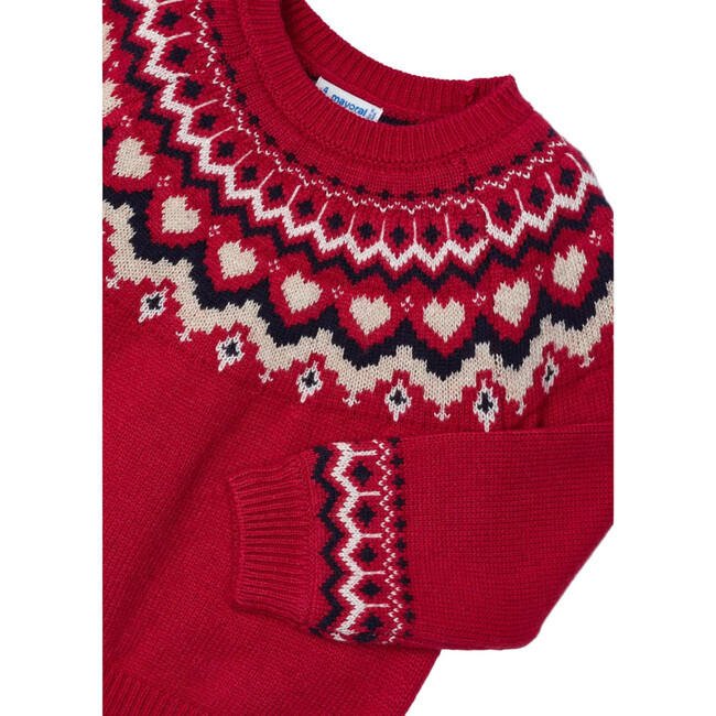 Girl Jacquard Border Sweater, Red - Sweaters - 2