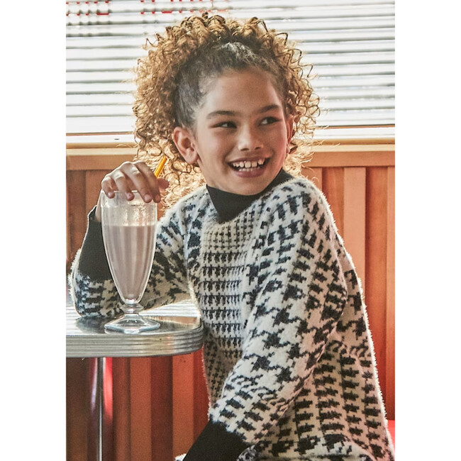 Girl Houndstooth Knit Dress, Black - Dresses - 4