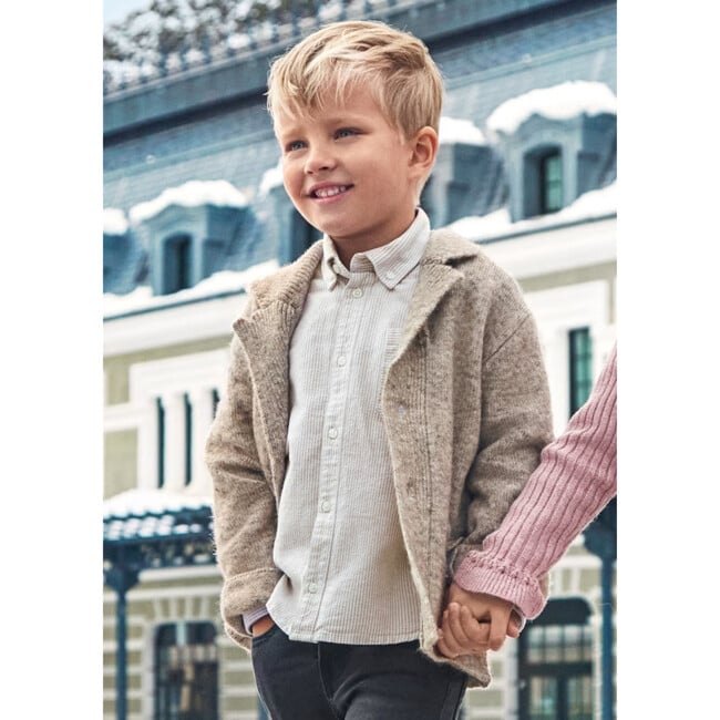 Boy Knit Lapel Collar Cardigan, Beige - Cardigans - 3