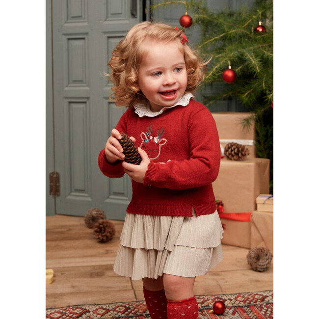 Baby Combined Knit Dress, Reindeer Red - Dresses - 3