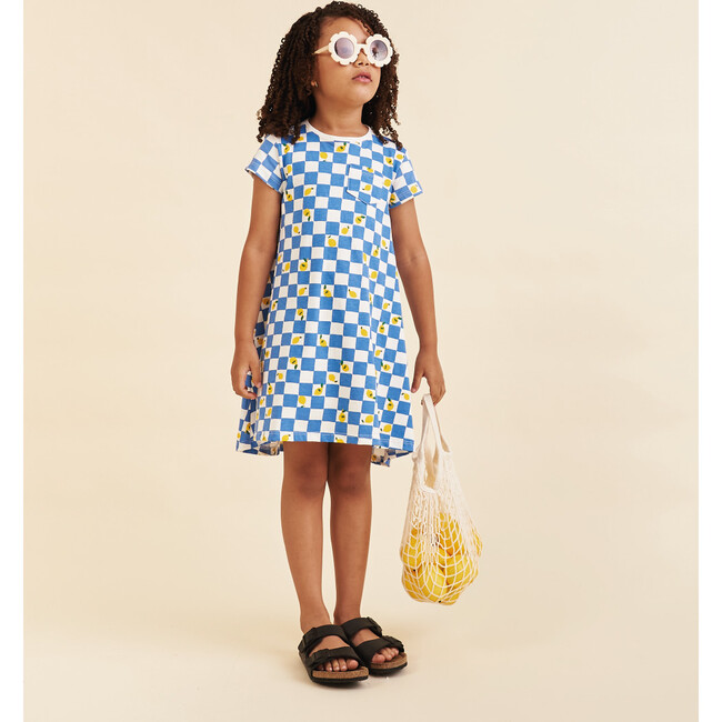 Girls' Cotton Dress, Lemon Party in Blue and White Squares