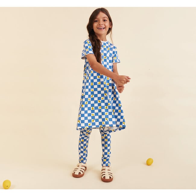 Girls' Cotton Dress, Lemon Party in Blue and White Squares - Dresses - 2