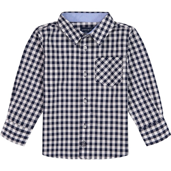 Woven Button Down Shirt, Navy Gingham