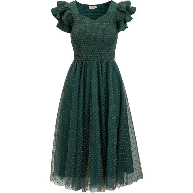Hattie Dress in Green Flocked Dot Tulle