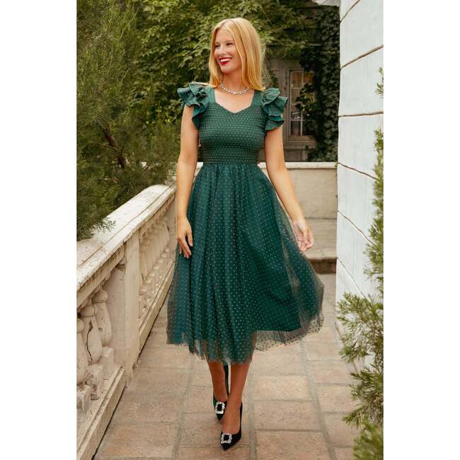 Hattie Dress in Green Flocked Dot Tulle - Dresses - 2