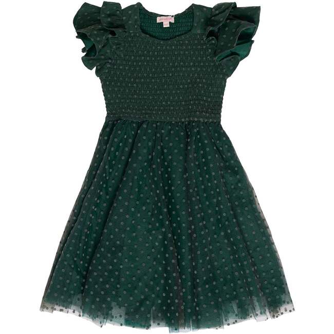 Mini Hattie Dress in Green Flocked Dot Tulle