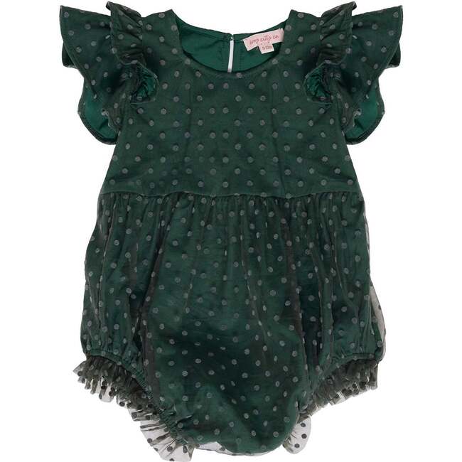 Baby Hattie Romper in Green Flocked Dot Tulle