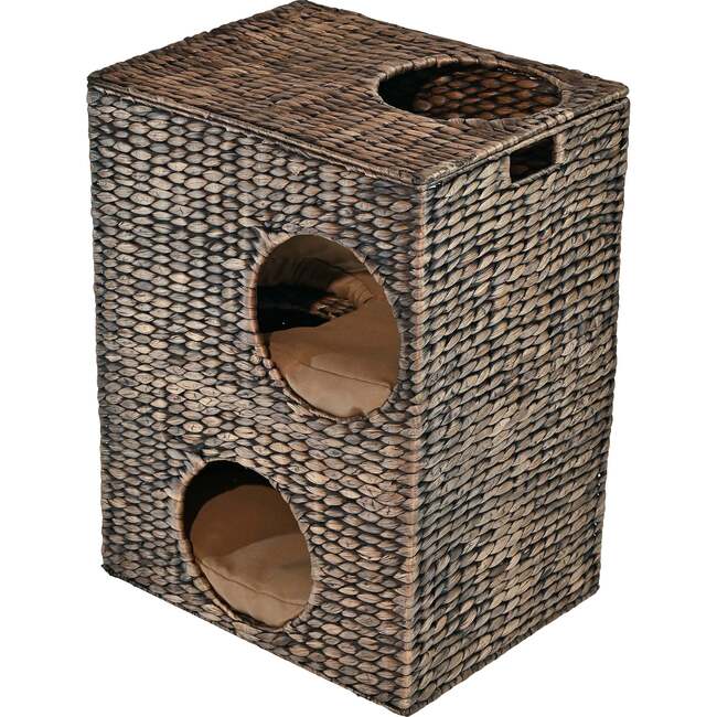 Jaxon 18" 2 Tier Handwoven Hyacinth Rectangular 5 Hole Pet Condo with 2 Machine Washable Cushions, Brown