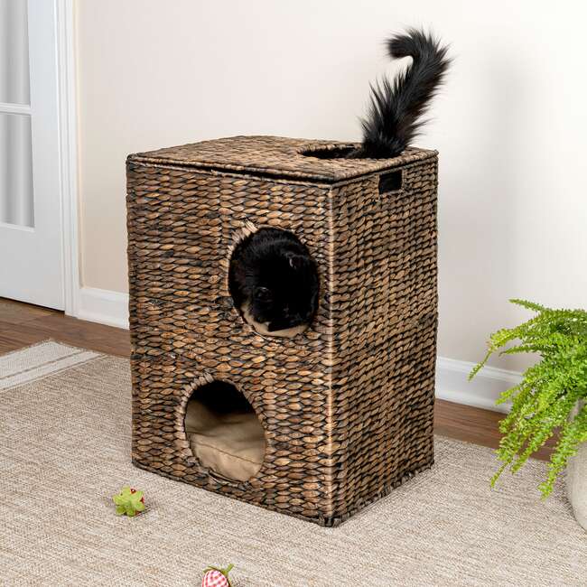 Jaxon 18" 2 Tier Handwoven Hyacinth Rectangular 5 Hole Pet Condo with 2 Machine Washable Cushions, Brown